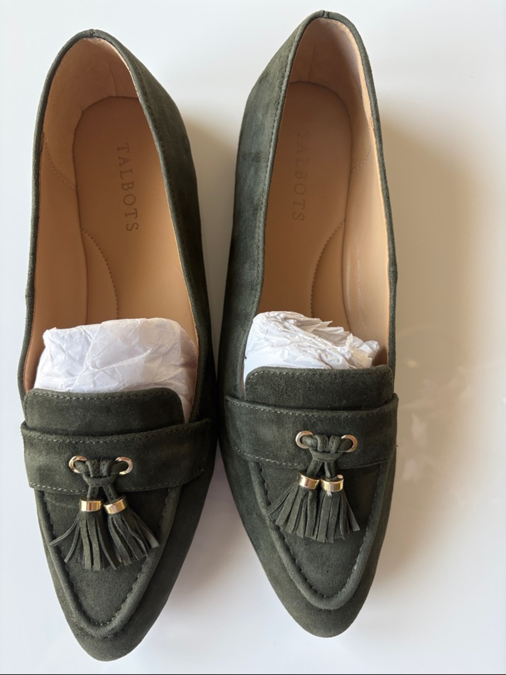 New Talbots Olive Green Suede leather Tassel Loafers